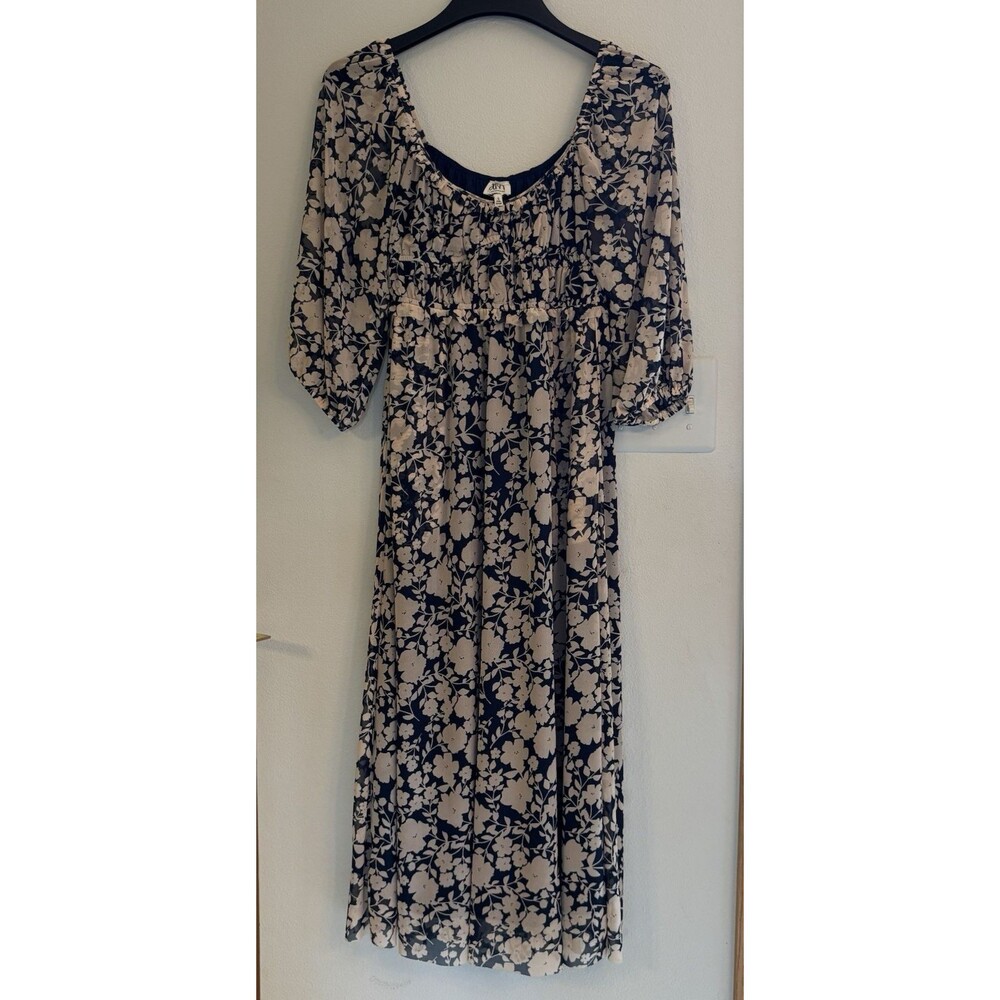 DRA Los Angeles Womens Small Floral Boho Peasant Navy /Pale Peach Dress Ruching